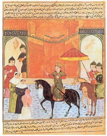 Gazan Mahmud, Pertsiako errege mogola (1295-1304), XVI. mendeko pertsiar miniatura batean.<br><br>